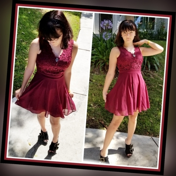 Lulus ✦ Burgundy Lace Skater Dress ✦ Crocheted Bodice w/ Chiffon Open-Back Skirt - Picture 7 of 16